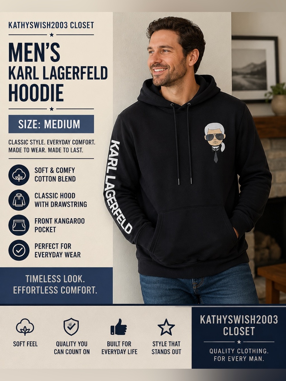Karl Lagerfeld Black Pullover Hoodie with Signature Graphic and Sleeve Logo